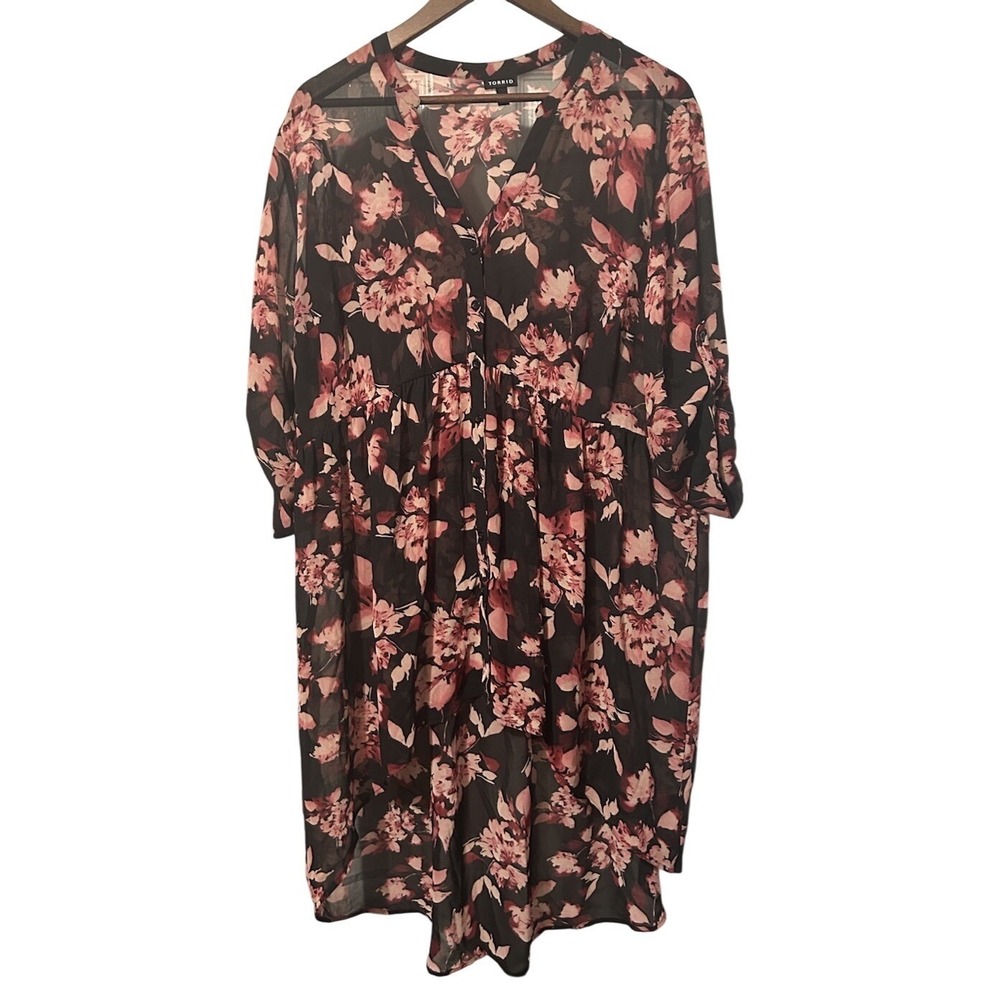 Torrid Women Size 2XL Black Pink Floral Sheer High‎ Low Tunic Blouse 11586855